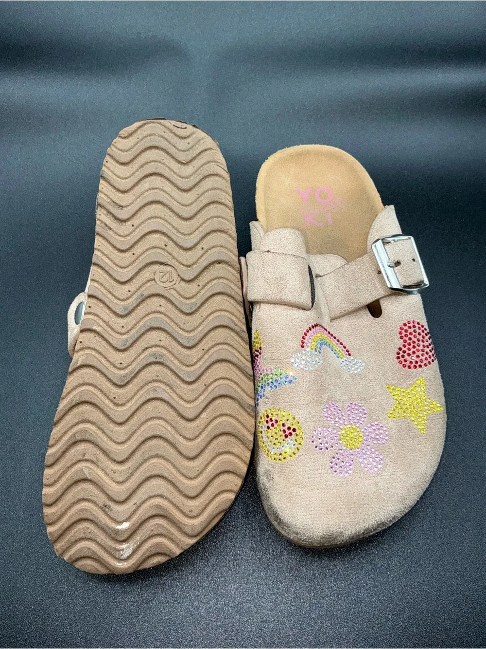 Yoki Gienna girls' taupe faux suede clogs featuring rhinestone embellishments.